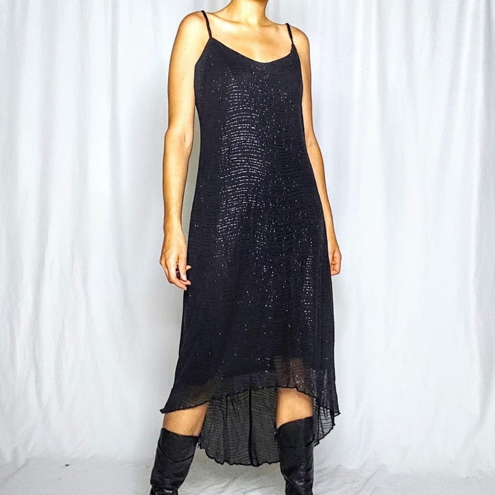 Black Glitter Vintage Y2K Party Dress Midi Spaghetti Strap